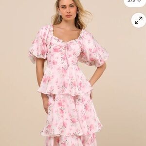 Lulu's Pink Floral Midi Dress with Puff Sleeves